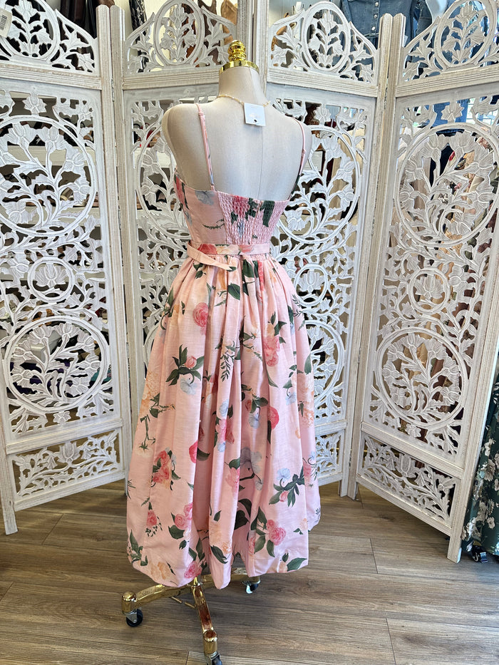 Pink Floral Midi Dress-Stretchy, Estira