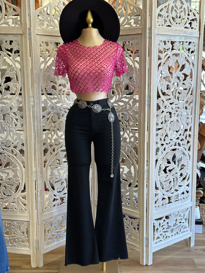 Pink Mesh Rhinestone Top