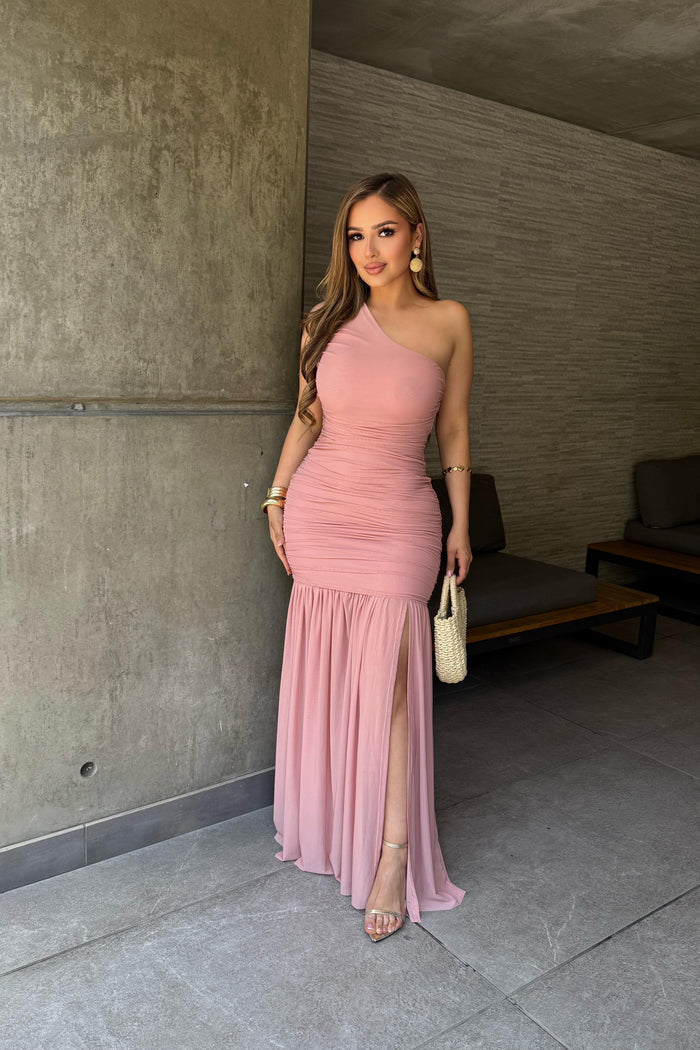 Pink One Sleeve Formal Dress- Stretchy, Estira