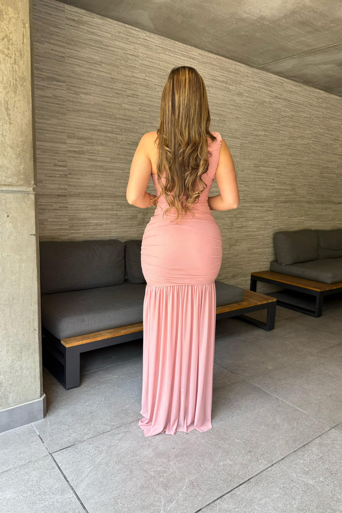 Pink One Sleeve Formal Dress- Stretchy, Estira