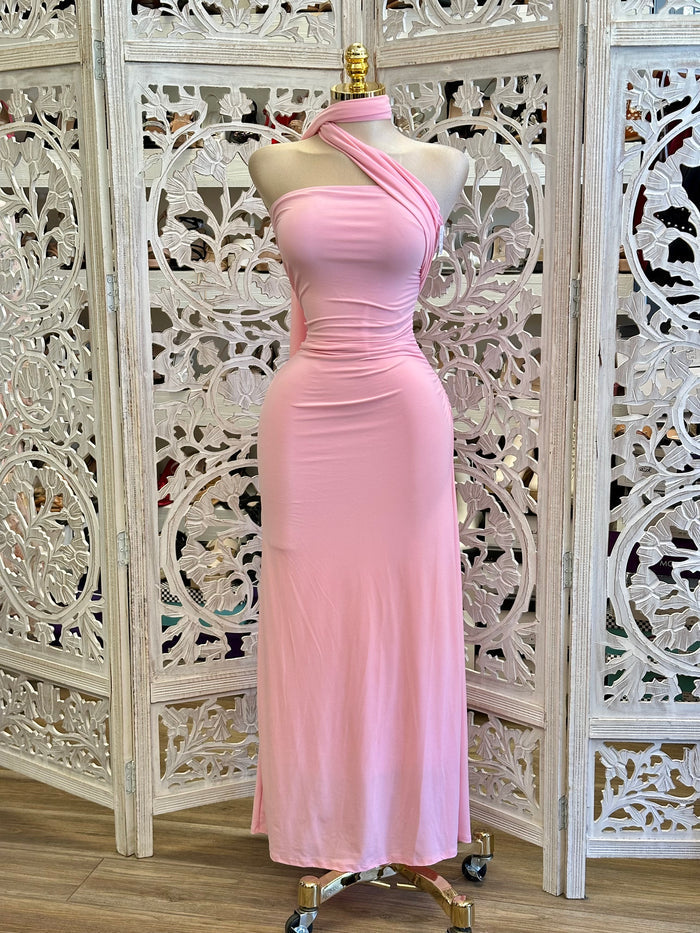 Pink Scarfed Midi Night Dress-Stretchy, Estira