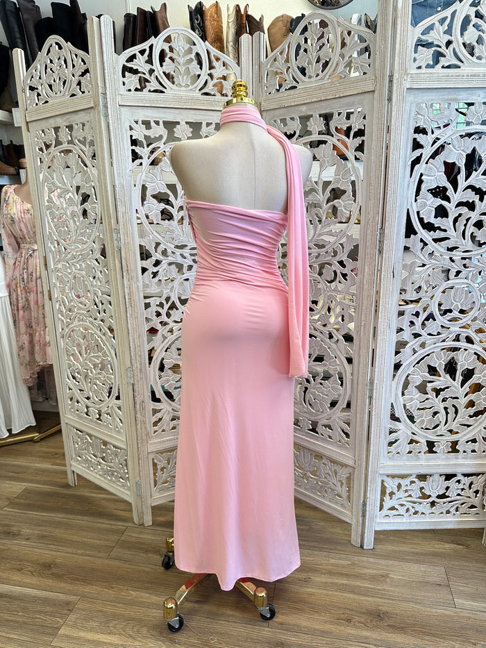 Pink Scarfed Midi Night Dress-Stretchy, Estira
