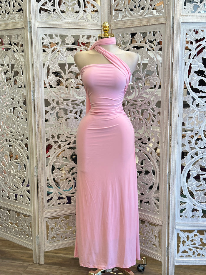 Pink Scarfed Midi Night Dress-Stretchy, Estira
