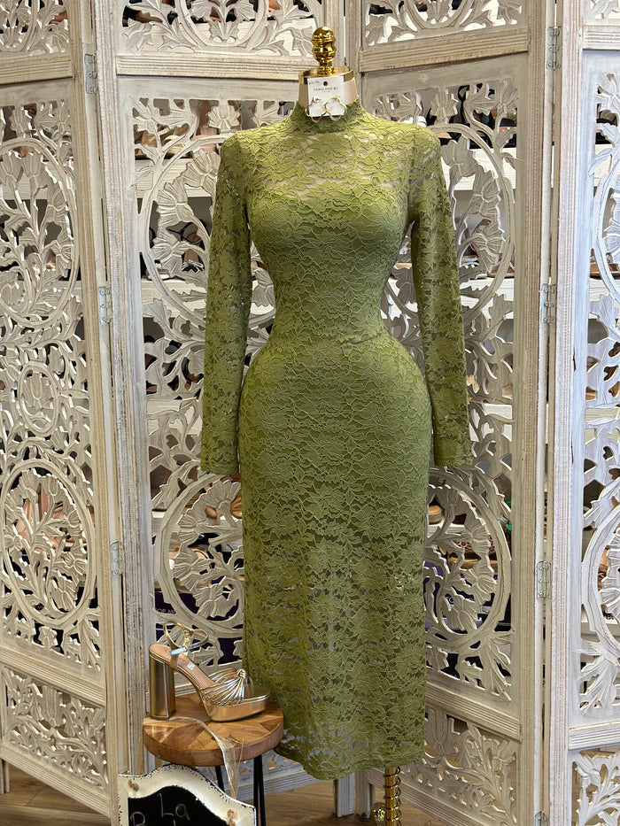 Pistachio Green Lace Midi Dress- Stretchy,Estira
