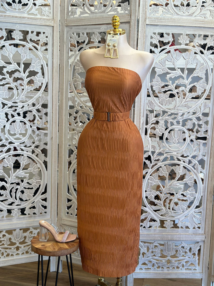 Pleated Rust Strapless Dress - Estira, Stretchy