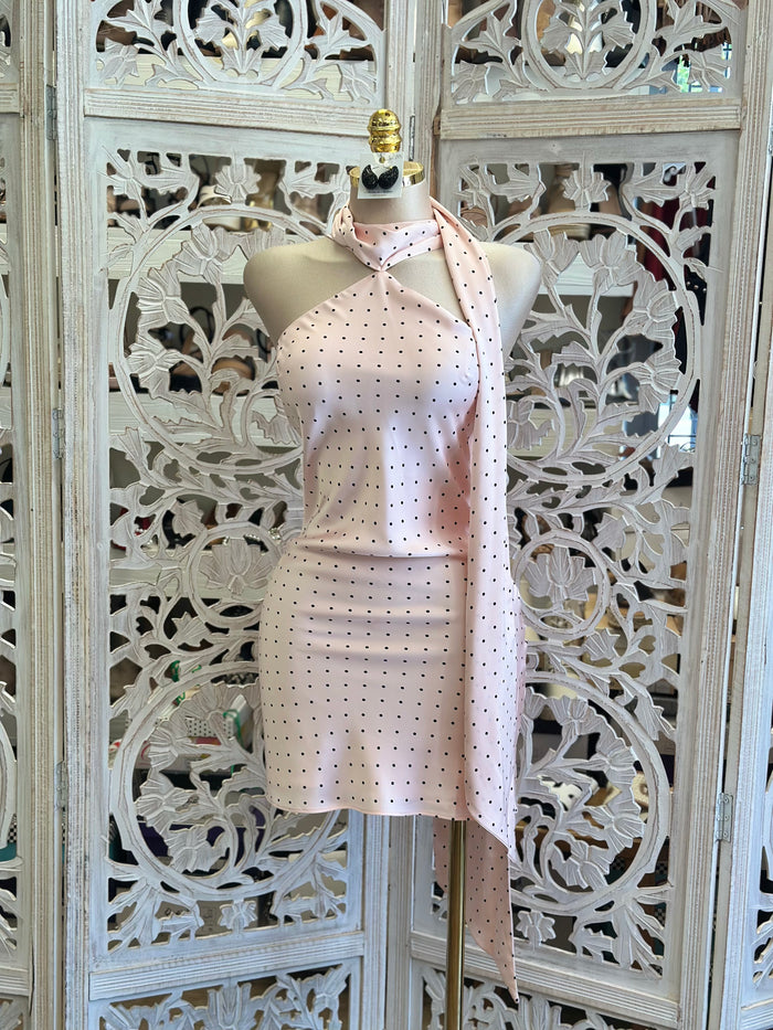 Polka Scarfed Mini Dress -Not Stretchy, No Estira