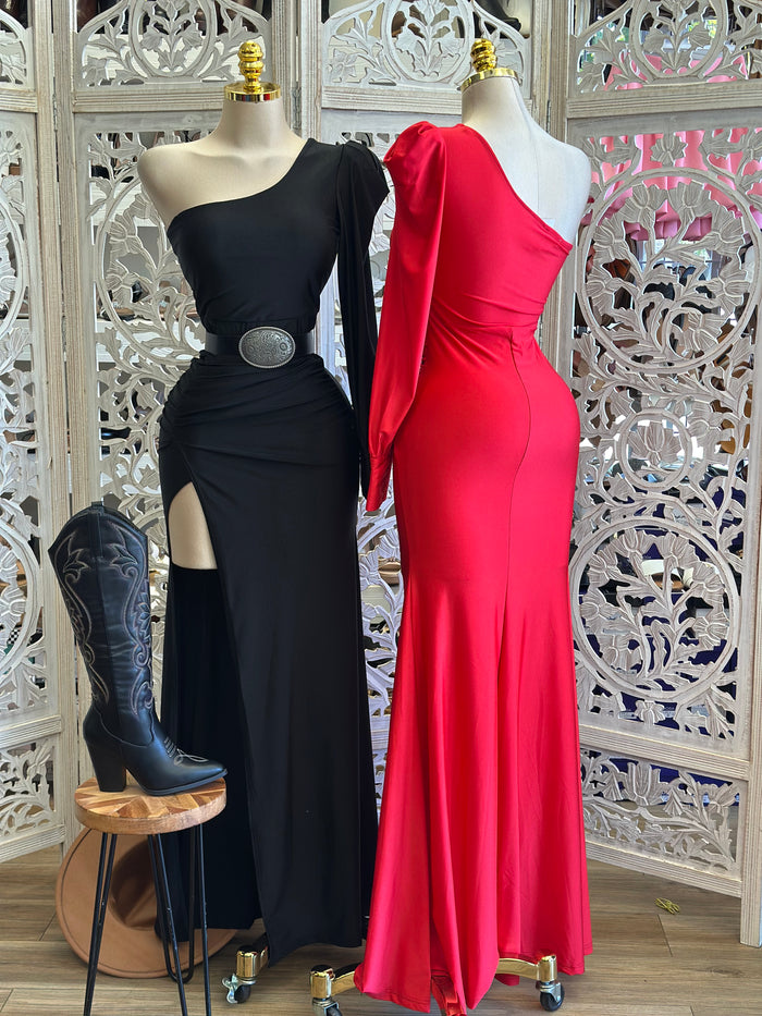 Puff Sleeve High Slit Evening Dress - Estira , Stretchy