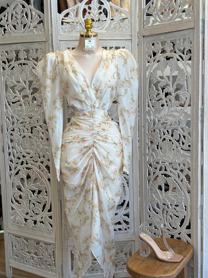 Puff Sleeve Pastel Floral Ruched Dress- Not Stretchy, No Estira