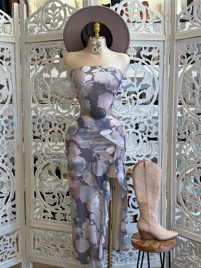 Purple Patterned Strapless Ruffled Dress- Stretchy, Estira