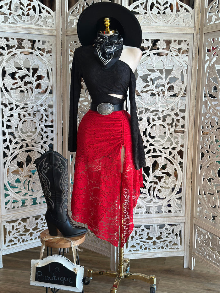 Red Aymmetrical Lace Midi Skirt-Estira, Stretchy