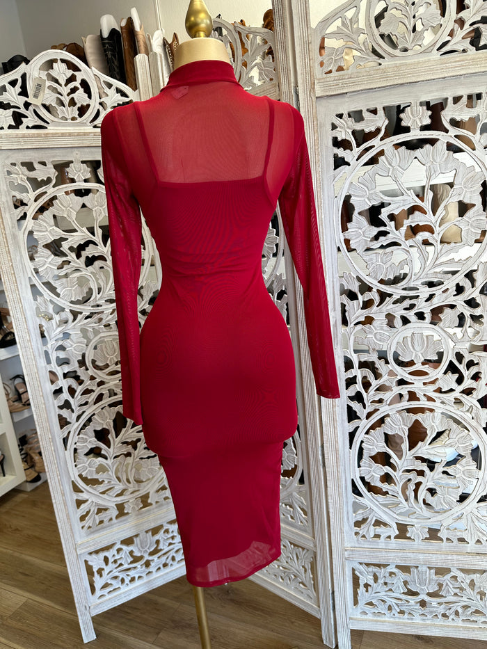 Red Mesh Mock Neck Midi Dress
