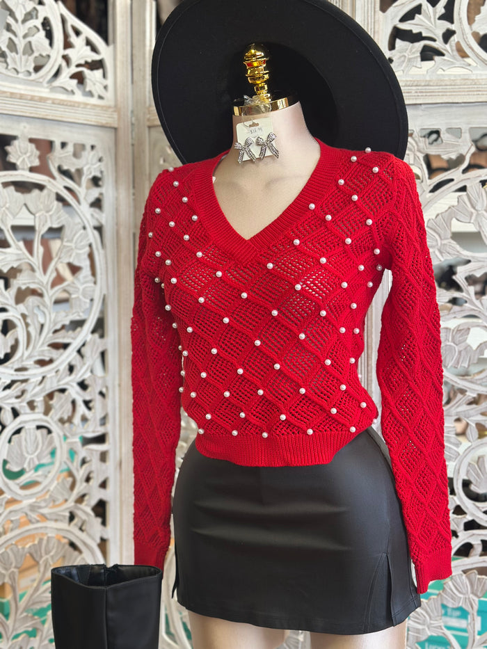 Red Netted Pearl Knit Sweater