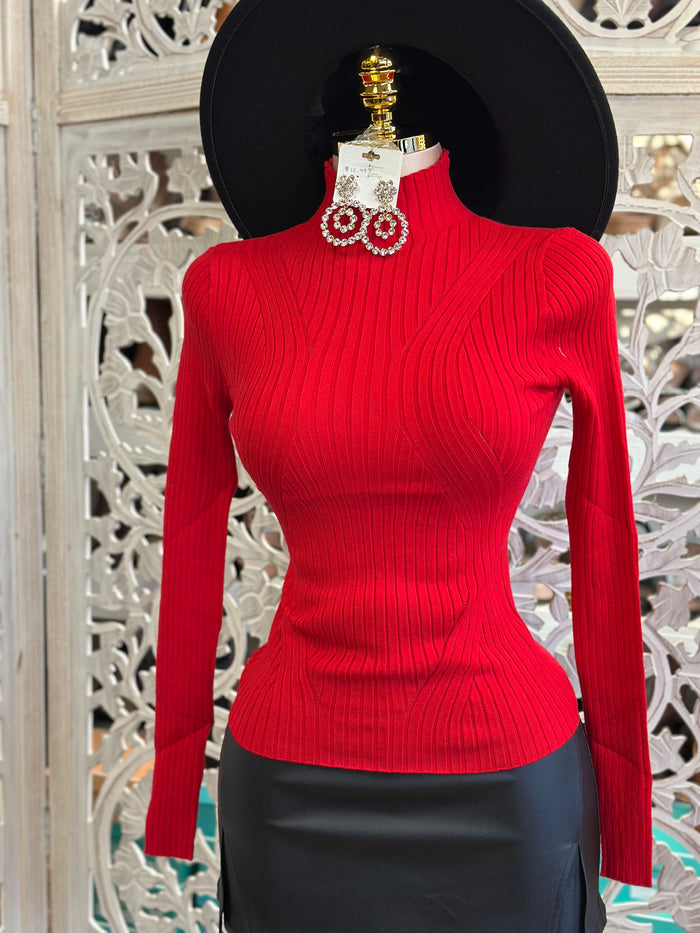 Red Ribbed Turtle Neck Asymmetrical Blouse- Estira, Stretchy