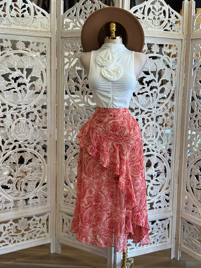 Red Ruffle Pattern Midi Skirt- NotStretchy , No Estira
