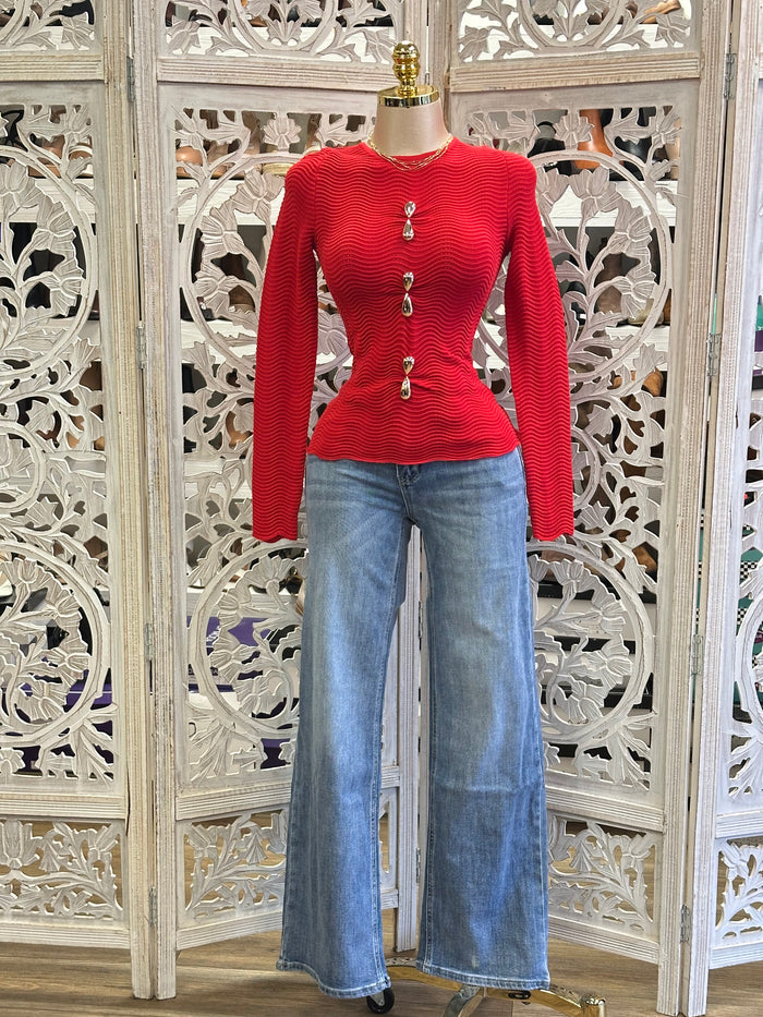 Red Squiggle Knit Textured Top- Estira, Stretchy