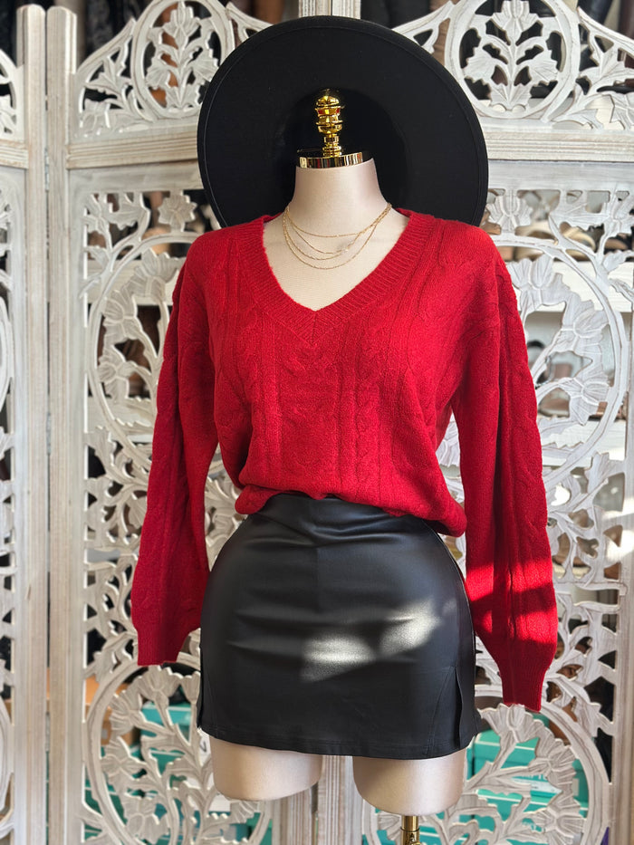 Red V Cable Knit Sweater