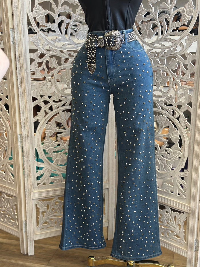 Rhinestone Dark Denim Wide Jeans - Stretchy, Estira