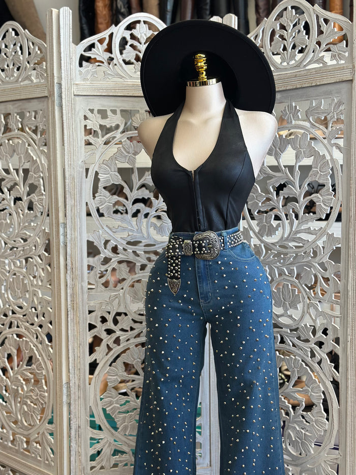 Rhinestone Dark Denim Wide Jeans - Stretchy, Estira