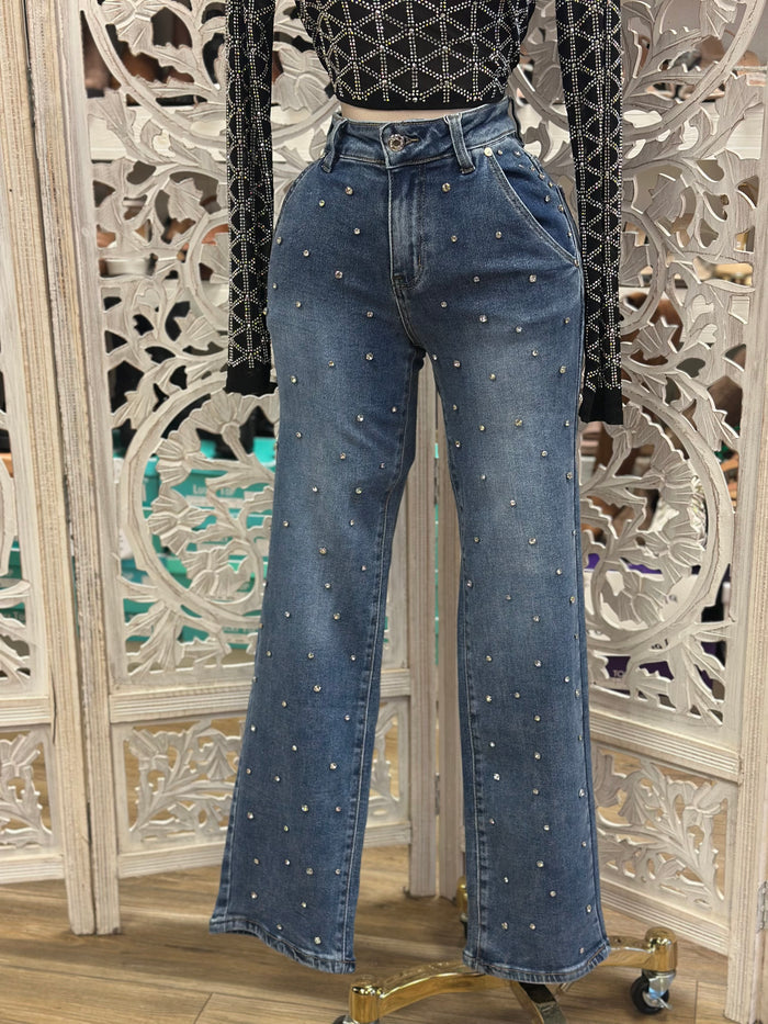 Rhinestone Dark Wash Denim Straight Jeans - Stretchy, Estira
