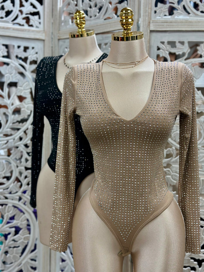 Rhinestone Deep V Bodysuit- Estira, Stretchy