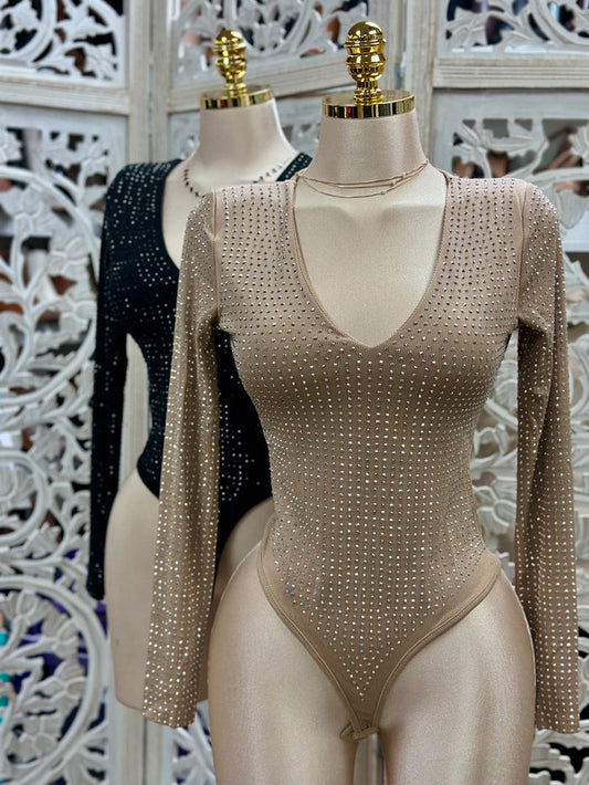 Rhinestone Deep V Bodysuit- Estira, Stretchy