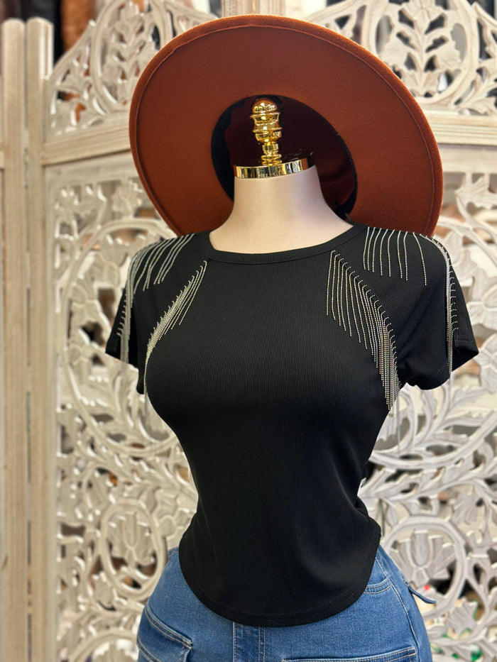 Rhinestone Fringe Black Tee- Stretchy, Estira