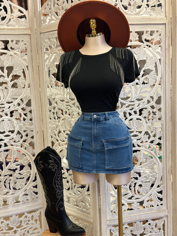 Rhinestone Fringe Black Tee- Stretchy, Estira