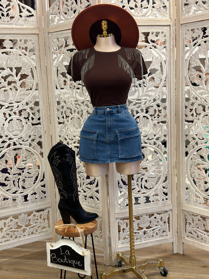 Rhinestone Fringe Brown Tee- Stretchy, Estira