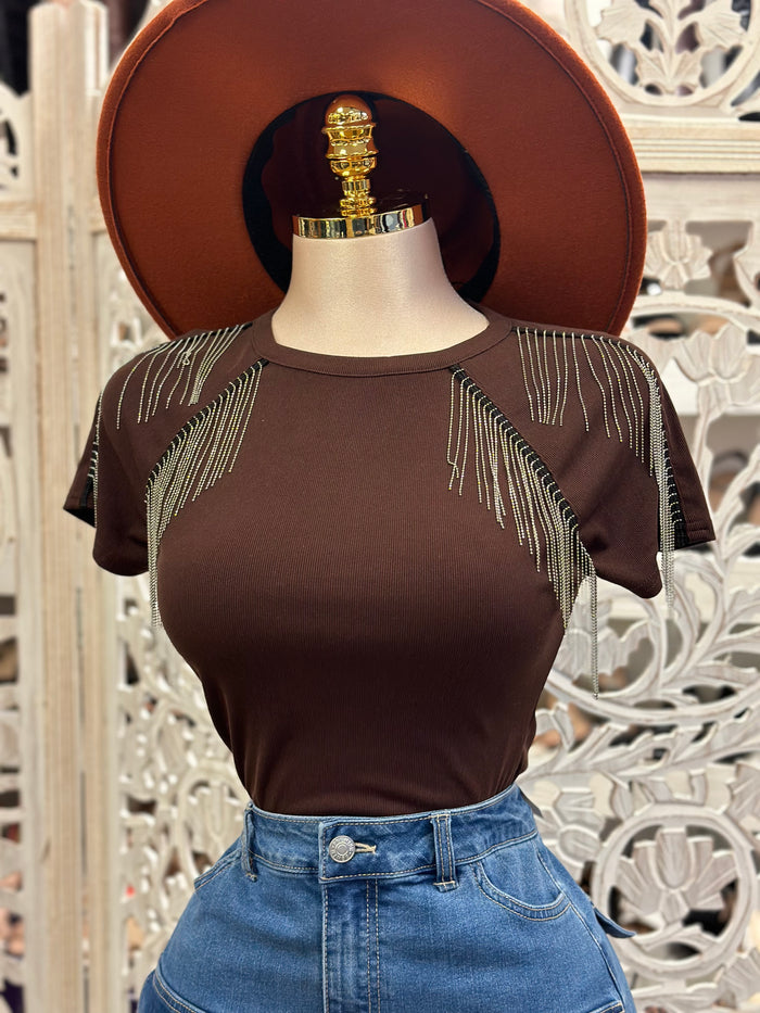 Rhinestone Fringe Brown Tee- Stretchy, Estira