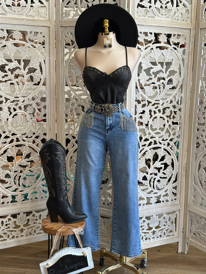 Rhinestone Fringe Denim Wide Jeans - Stretchy, Estira
