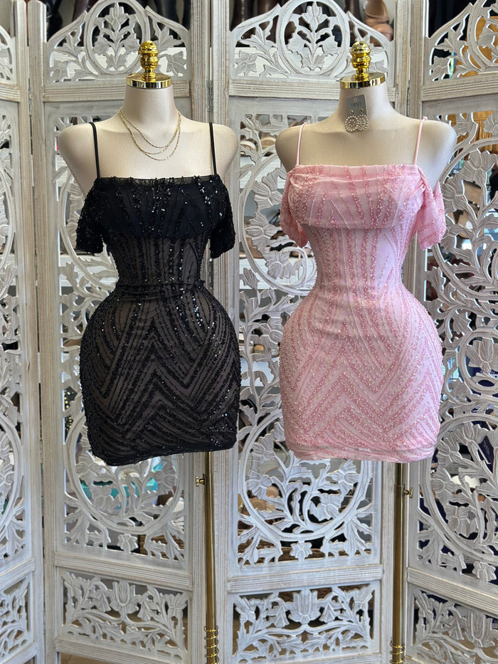 Rhinestone Pattern Off Shoulder Mini Dress - Estira, Stretchy
