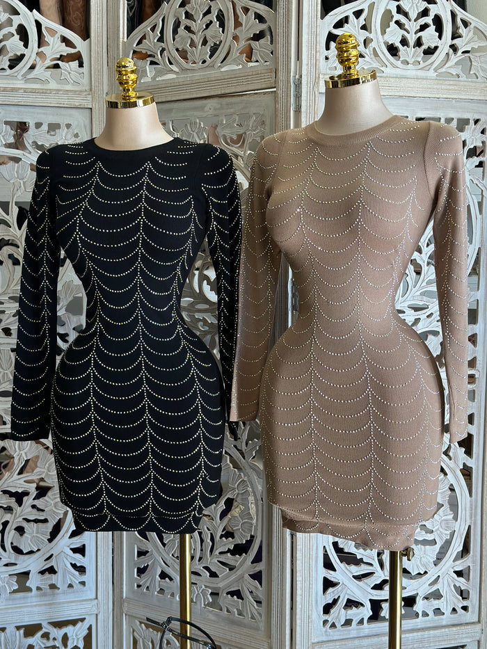 Rhinestone Pattern Ribbed Mini Dress- Stretchy,Estira