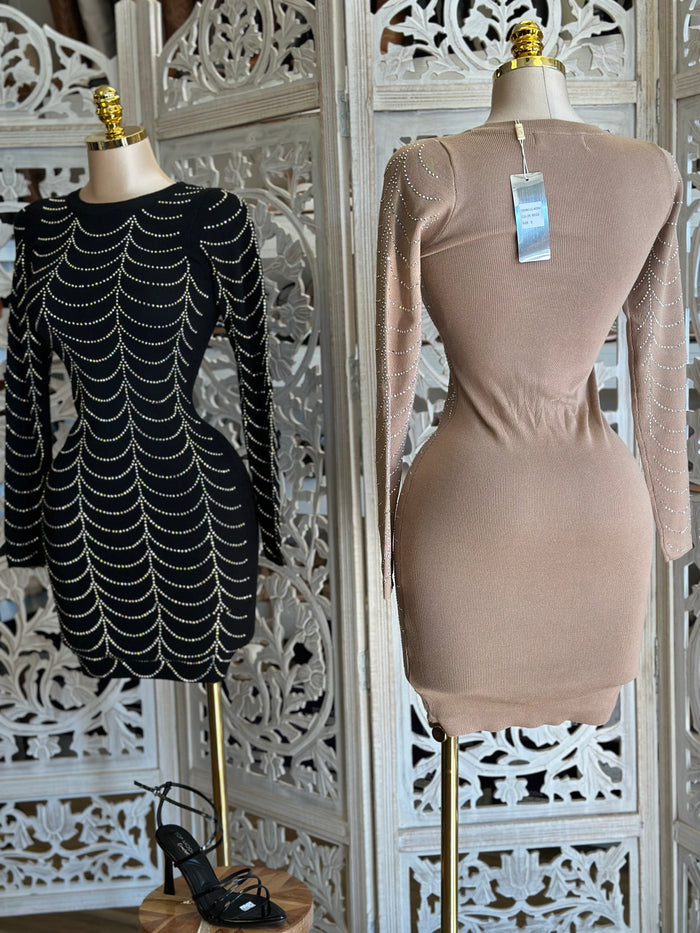 Rhinestone Pattern Ribbed Mini Dress- Stretchy,Estira