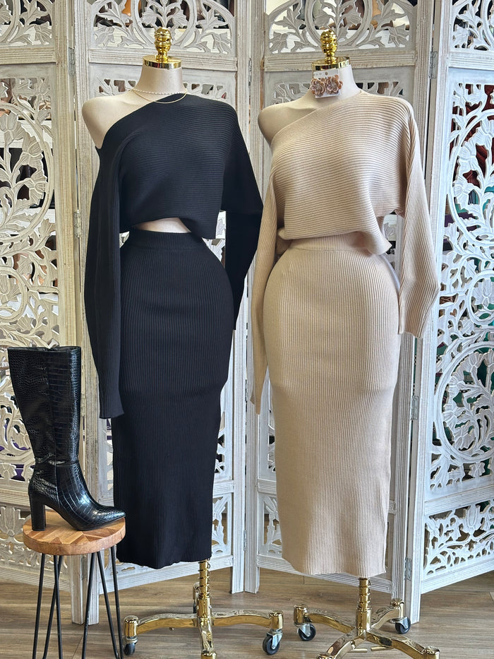 Ribbed Draped Shoulder Sweater  Set- Stretchy,Estira