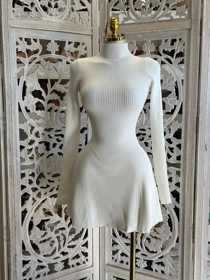 Ribbed Flowy Ivory Mini Dress- Stretchy,Estira
