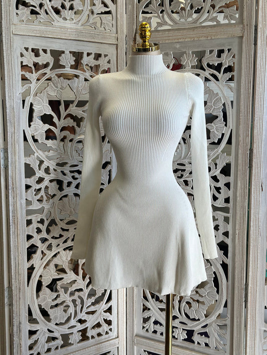 Ribbed Flowy Ivory Mini Dress- Stretchy,Estira