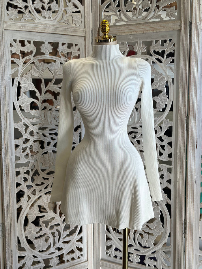 Ribbed Flowy Ivory Mini Dress- Stretchy,Estira