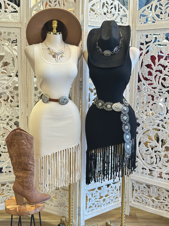 Ribbed Fringe Scoop Midi Dress- Estira, Stretchy