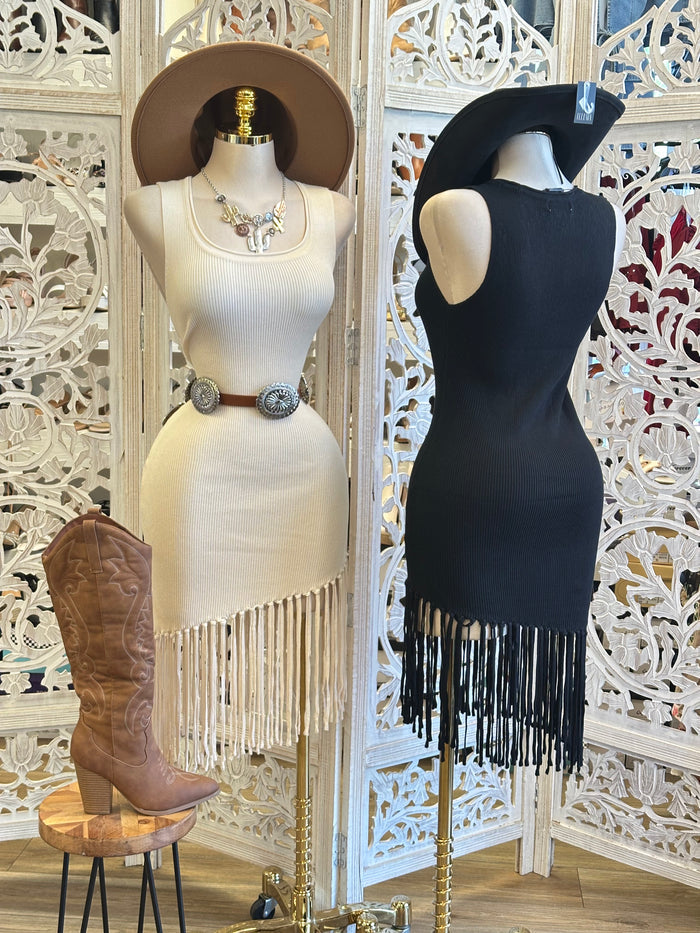 Ribbed Fringe Scoop Midi Dress- Estira, Stretchy