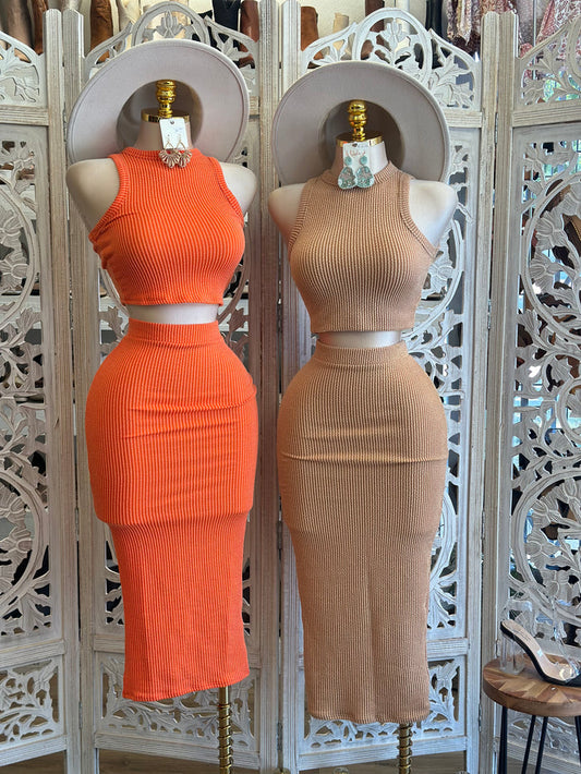 Ribbed Midi Skirt Set - Estira, Stretchy