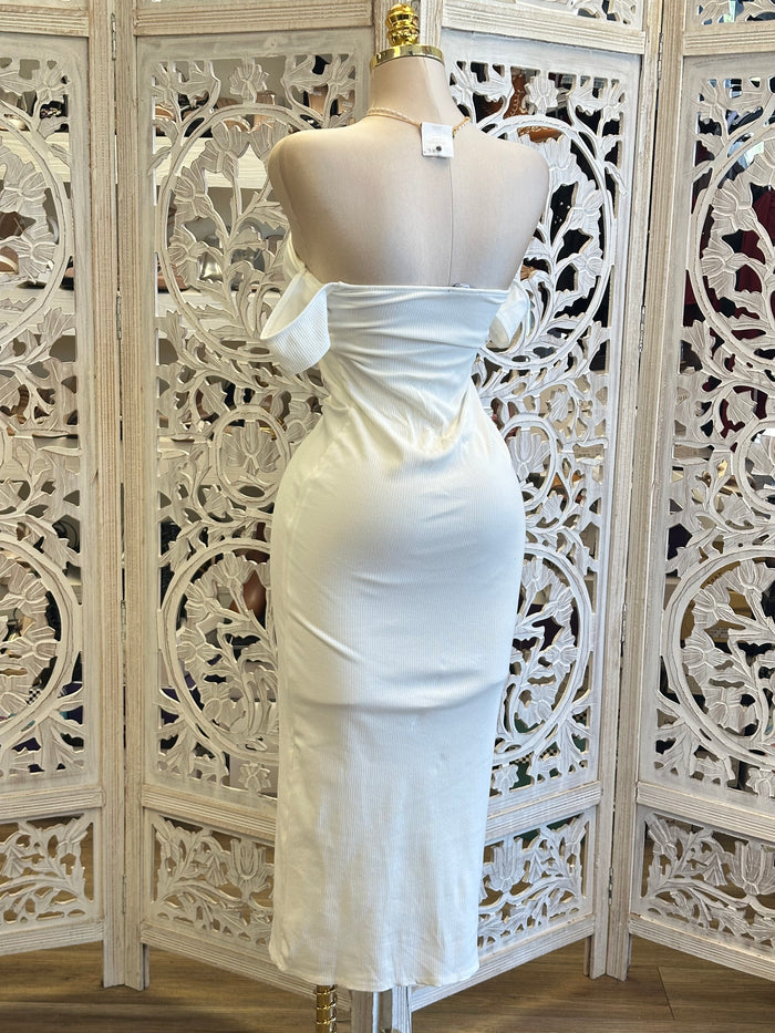 Ribbed Off Shoulder Midi Dress-Stretchy, Estira