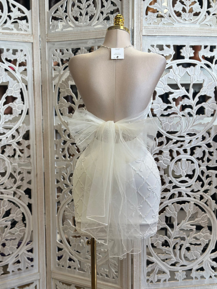 Ribbon Embellishment White Mini Dress- Slightly Stretchy,Estira Poco