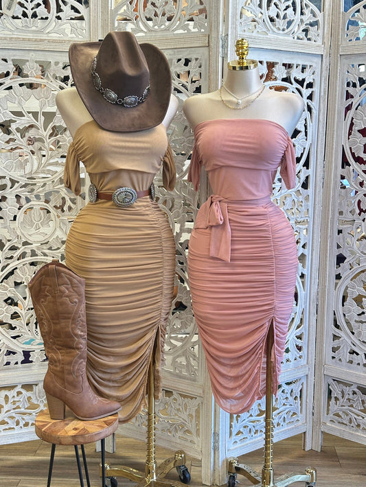 Ribbon Ruched Midi Dress- Estira, Stretchy