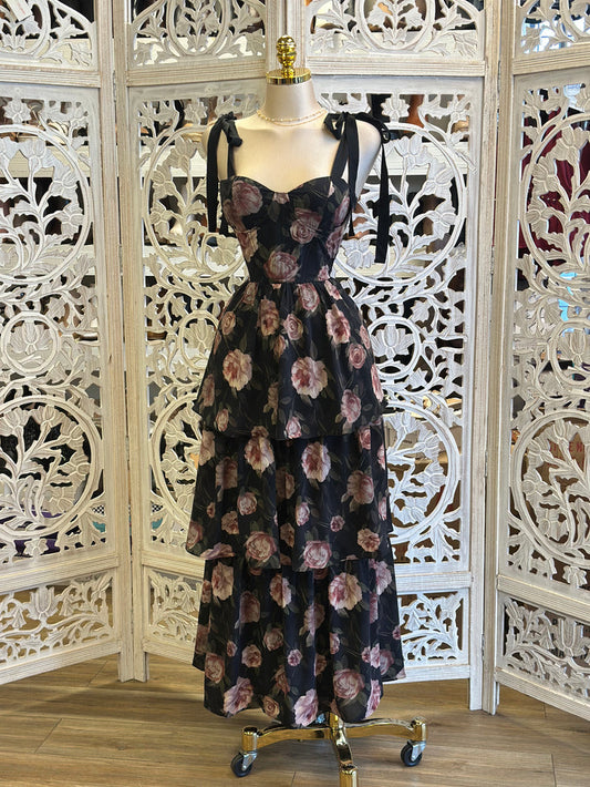 Ribbon Strap Blush Floral Dress -Stretchy,Estira