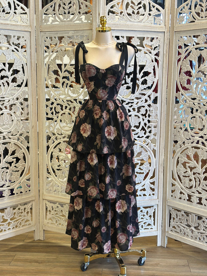 Ribbon Strap Blush Floral Dress -Stretchy,Estira