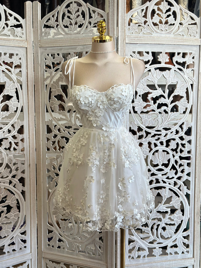 Ribbon Strap Floral White Mini Dress-Not Stretchy,No Estira