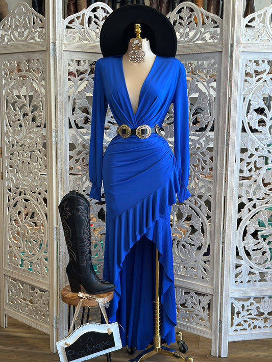 Royal Blue Asymmetrical Ruffle Dress-Estira, Stretchy