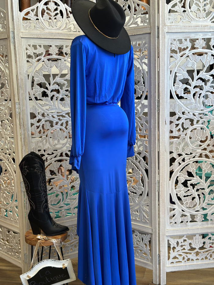 Royal Blue Asymmetrical Ruffle Dress-Estira, Stretchy
