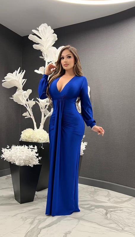 Royal Blue Deep V Split Ruched Maxi Dress- Stretchy, Estira