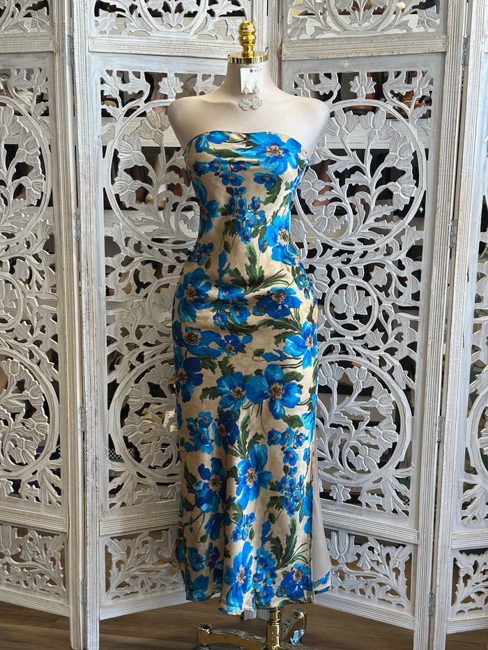 Royal Floral Panted Strapless Dress-No Estira, Not Stretchy